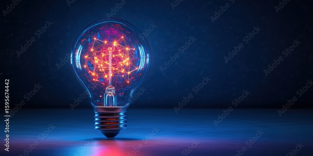 Poster close-up of a light bulb with glowing orange network-like filament patterns inside against a dark bl