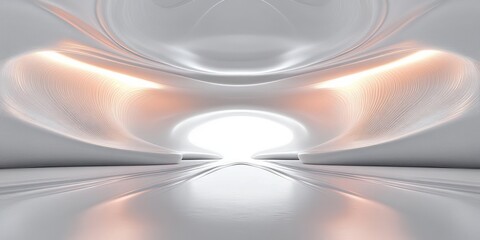 Futuristic white smooth symmetrical tunnel corridor with soft glowing warm lights and reflective floor creating a sense of calm and curiosity