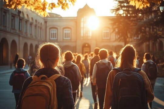 Group of students walking through a sunlit courtyard in the late afternoon with backpacks on, casting long shadows and surrounded by autumn foliage