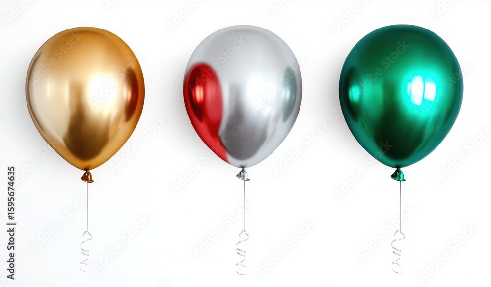 Poster three shiny metallic balloons in gold, silver, and green floating against a plain white background w