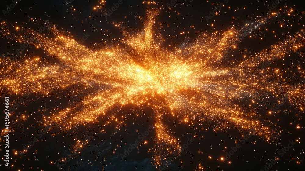Poster bright golden glowing particles radiating and sparkling in a dynamic explosion pattern on a dark bac