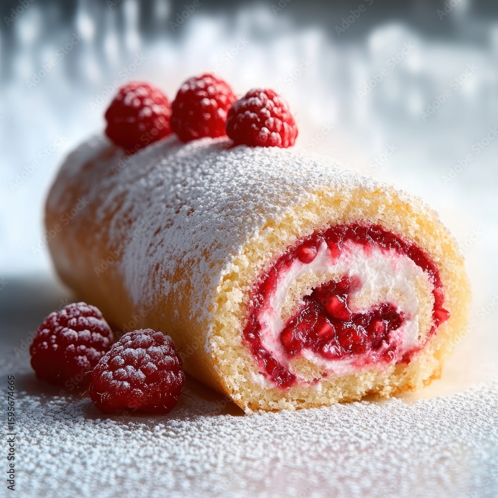 Poster close-up of a rolled sponge cake filled with cream and raspberry jam, topped with fresh raspberries 