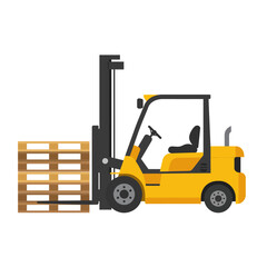 A yellow forklift truck transports a wooden pallet, illustrating logistics, warehousing, and material handling in a simple, flat vector style against a white background.
