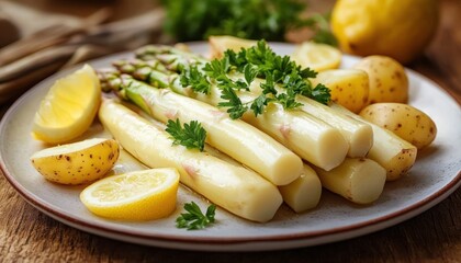 Plate of fresh white asparagus spears garnished with green parsley, served with baby potatoes and lemon wedges on a rustic wooden table