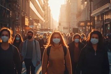Crowd of people walking down a city street wearing face masks during golden hour with sunlight casting long shadows and tall buildings on both sides