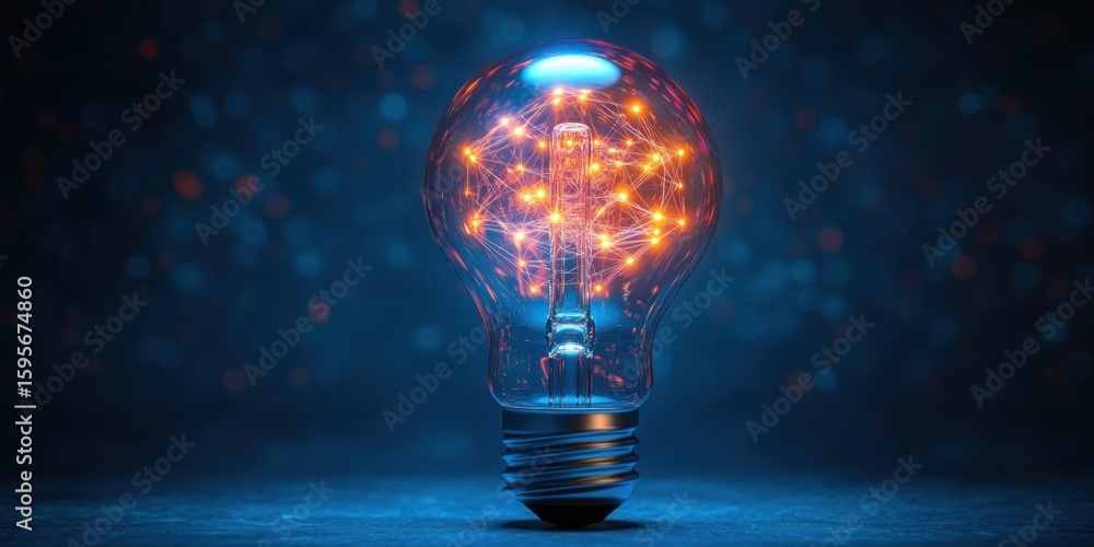 Poster close-up of a glowing light bulb with interconnected orange light points inside representing a digit