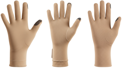 Beige rubber gloves displayed in three different positions 