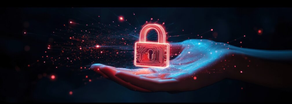 Glowing digital padlock floating above an outstretched hand with red and blue cybernetic particles surrounding it, symbolizing cybersecurity and protection