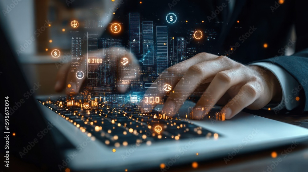 Poster close-up of hands typing on a laptop keyboard with digital holographic financial icons and cityscape