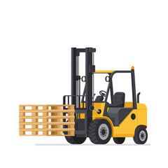 A vibrant illustration depicts a yellow forklift efficiently lifting a wooden pallet, showcasing industrial machinery against a clean, white backdrop, ideal for logistics and warehouse concepts.