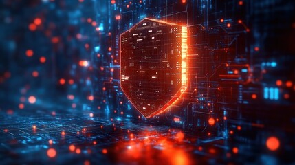 Glowing digital shield icon representing cybersecurity protection amidst blue and orange futuristic data streams and circuit board elements