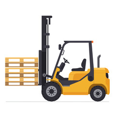 A bright yellow forklift, a powerful industrial vehicle, is depicted in a clean vector illustration, expertly moving wooden pallets on a white background.