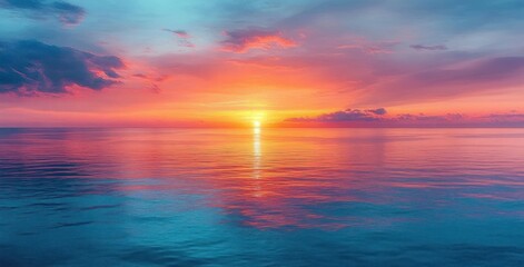 Obraz premium Peaceful ocean sunset with vibrant orange and pink sky reflecting on calm blue water under scattered clouds
