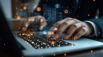 Close-up of hands typing on a laptop keyboard with digital holographic financial icons and cityscape floating above, representing technology and data analysis