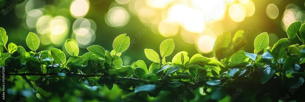 Aufkleber close-up of fresh green leaves on a branch with sunlight and bokeh effect in the background creating