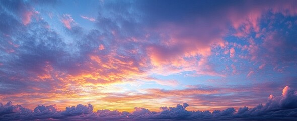 Naklejka premium Vibrant sunset with fiery orange and pink clouds stretching across a dramatic blue sky above a dark horizon