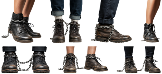Individuals wearing chained boots on transparent background  