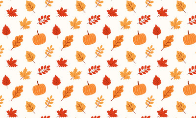 Cute autumn seamless pattern with pumpkins, fall maple and oak leaves, Festive Thanksgiving and Halloween vector background