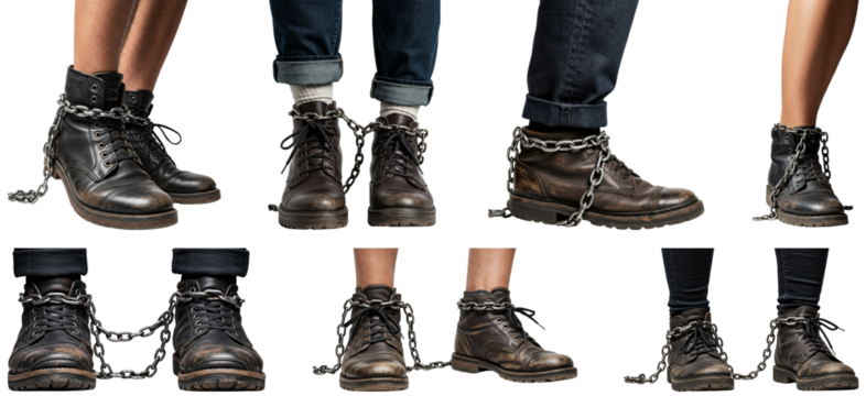 Individuals wearing chained boots on transparent background  