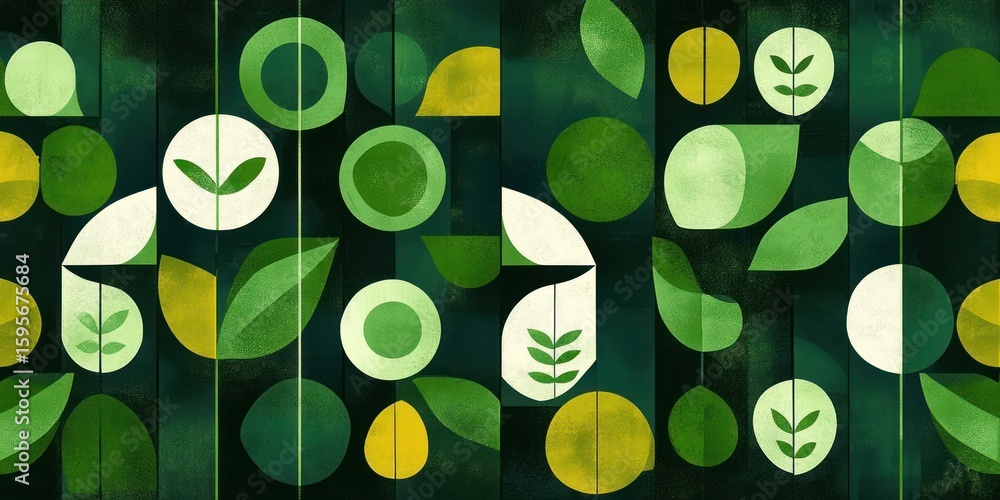 Poster abstract geometric pattern of various green and yellow shapes with leaf motifs on a dark textured ba