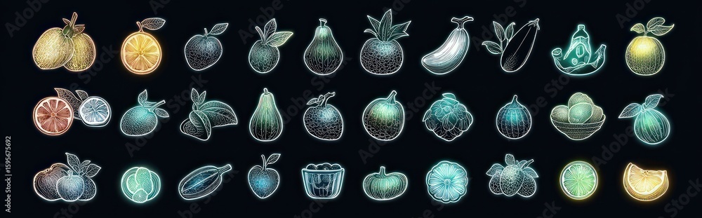Poster glowing neon-style illustrations of various fruits and berries arranged in neat rows on a dark backg