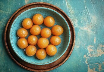 round orange sweets arranged neatly in a blue ceramic bowl placed on a wooden plate over a textured teal surface