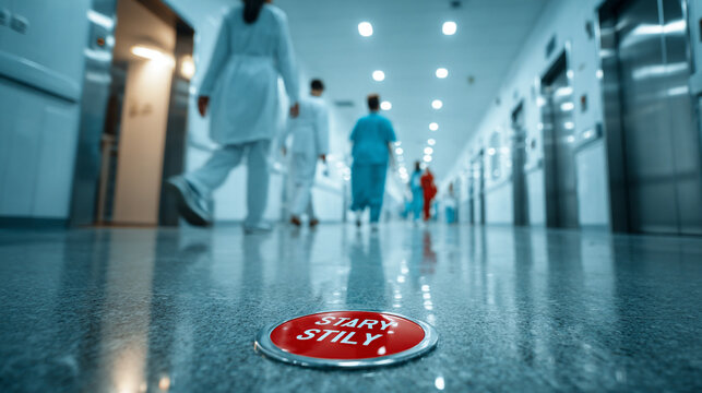 Hospital hallway with medical staff and a red floor button.