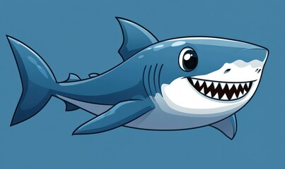 happy cartoon shark swimming in deep blue water with a big smile showing sharp teeth and expressive eyes