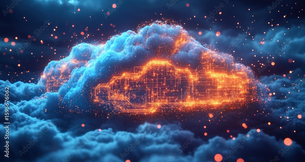Poster glowing orange digital circuit clouds embedded in a dark blue cloudy sky with floating orange partic