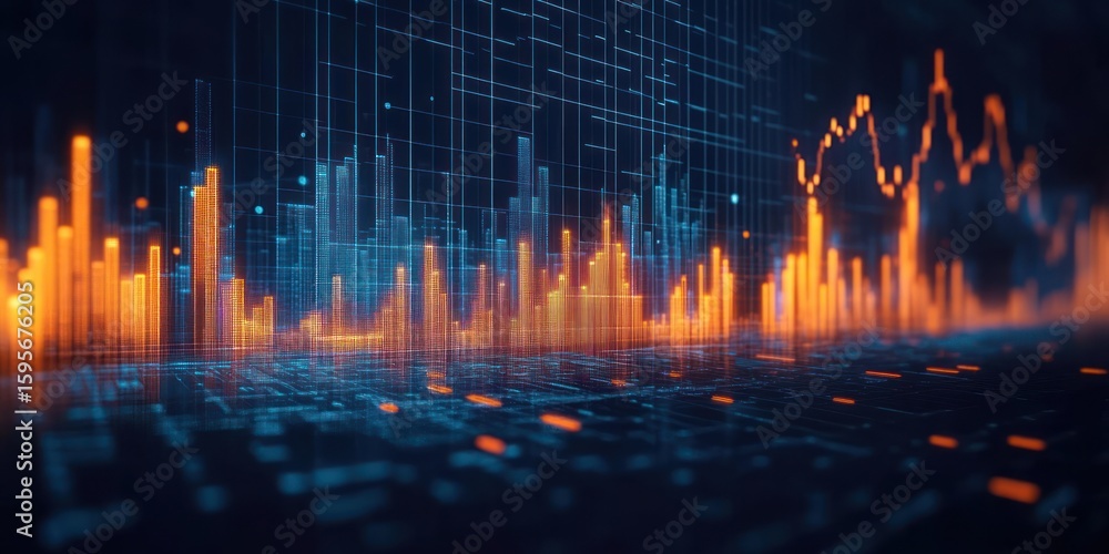 Poster futuristic glowing digital graph with orange and blue bars and lines representing data trends in a h