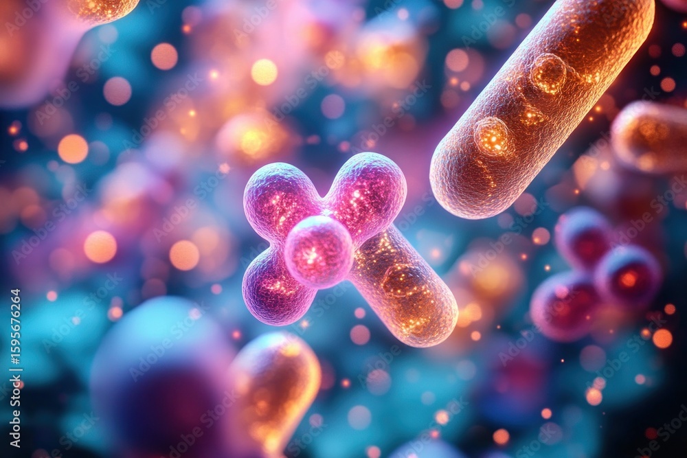 Poster close-up 3d illustration of various glowing microscopic bacteria and microorganisms floating in a vi