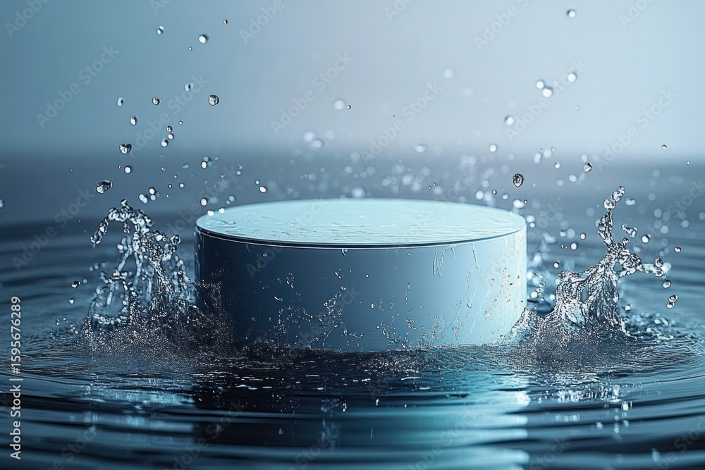 Poster round blue object splashing into calm water creating droplets and ripples with serene blue backgroun