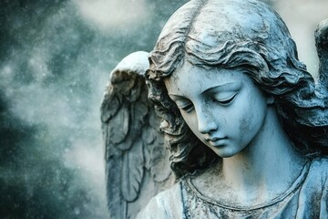 close-up of an aged stone angel statue with outstretched wings surrounded by a misty, somber atmosphere evoking a sense of peace and reflection