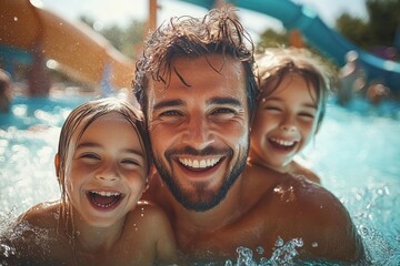 Happy father with two young children smiling and enjoying time together in a swimming pool