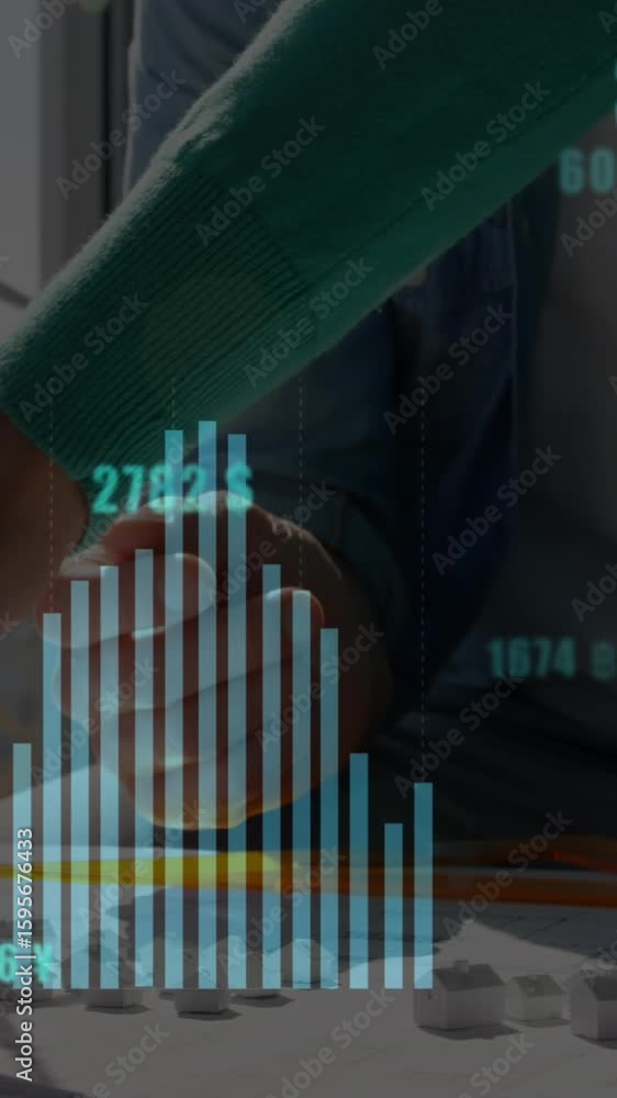 Poster animation of financial data processing over male architect working