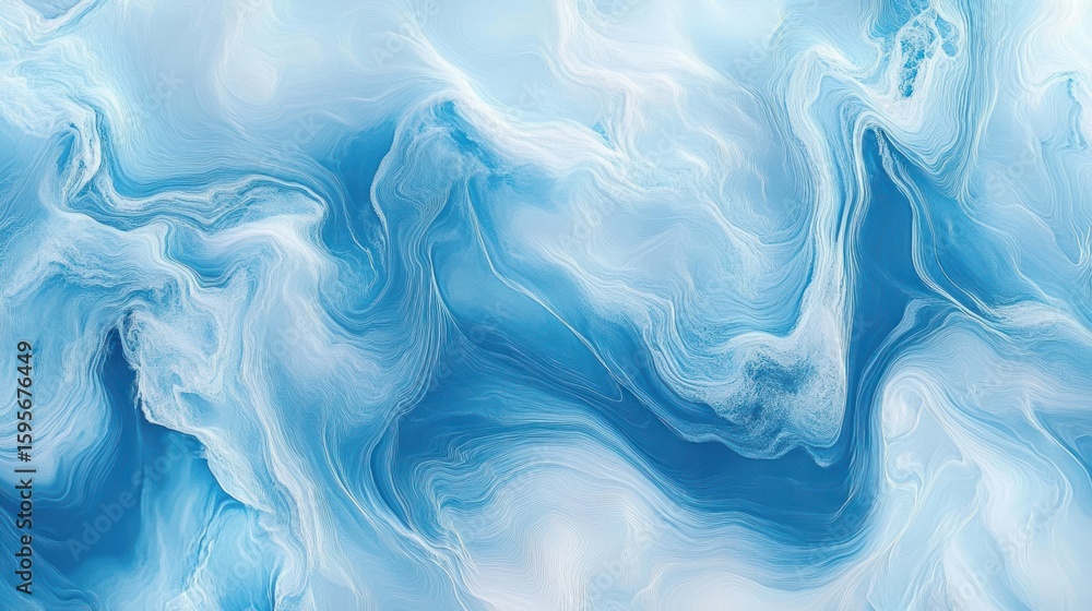 Poster abstract swirling patterns in shades of blue and white resembling fluid or smoke with a calming and 