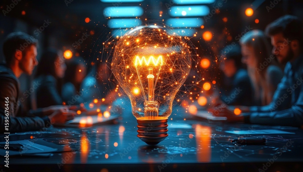 Poster glowing light bulb with digital network connections at the center of a conference table surrounded b