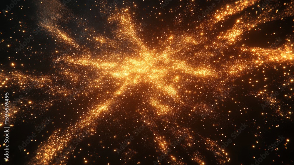 Poster bright golden sparks dispersing in dark space creating a radiant and dynamic cosmic explosion effect