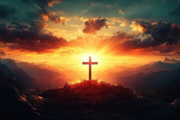 Fototapeta premium A glowing cross stands atop a rocky hill silhouetted against a vibrant sunset with radiant sunbeams piercing through dramatic clouds over mountain ranges