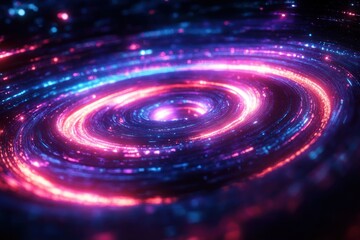 Glowing concentric circular rings in vibrant neon colors of pink, purple, and blue, creating a dynamic and futuristic spiral effect with a sense of motion and energy