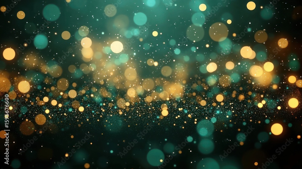 Poster glowing golden and teal bokeh lights scattered in a dark background creating a magical and festive a