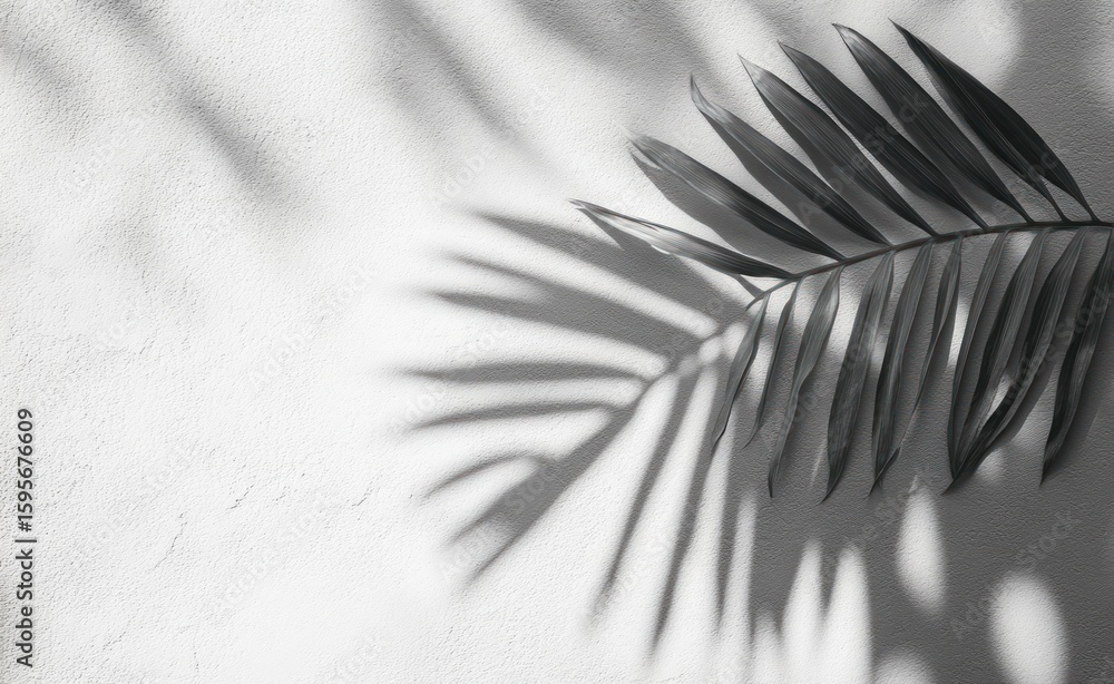 Poster dark palm leaves casting soft shadows on a textured white wall creating a calm and minimalistic trop