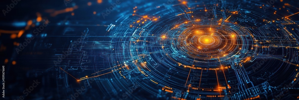 Poster glowing blue and orange futuristic digital circuit board with concentric circular design and glowing