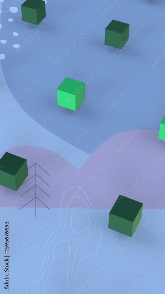 Aufkleber animation of green 3d cube icons in seamless pattern over christmas tree icons on blue background