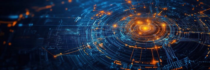 Obraz premium Glowing blue and orange futuristic digital circuit board with concentric circular design and glowing nodes conveying technology and data flow