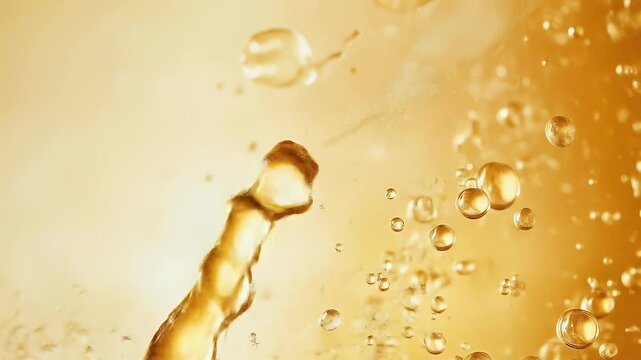 Golden liquid pouring with bubbles and foam against blurred background creating dynamic refreshing visual concept