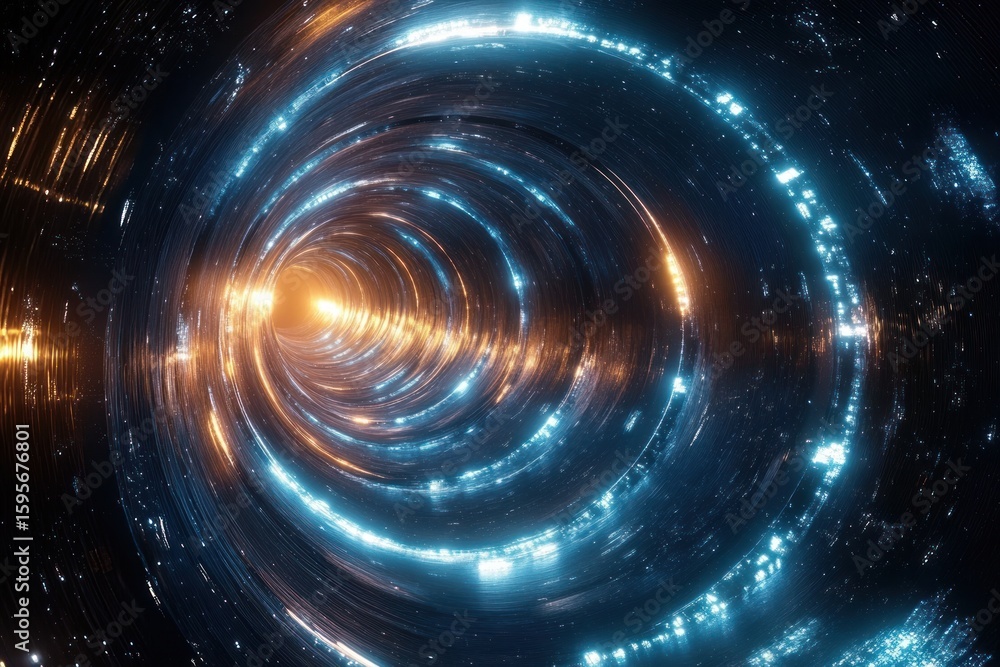 Poster glowing spiral tunnel with swirling blue and orange lights creating a sense of motion and depth in a