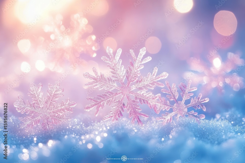 Poster close-up of delicate translucent snowflakes resting on a snowy surface with a soft pastel bokeh back