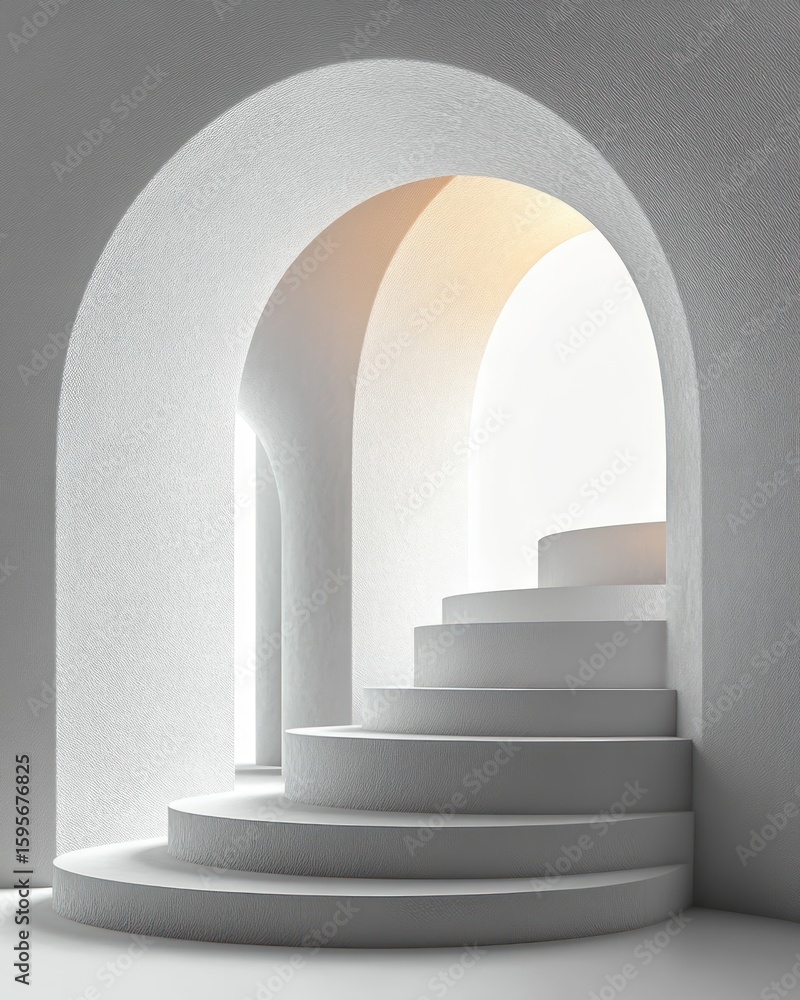 Poster minimalist white spiral staircase illuminated by soft natural light through smooth rounded archways,