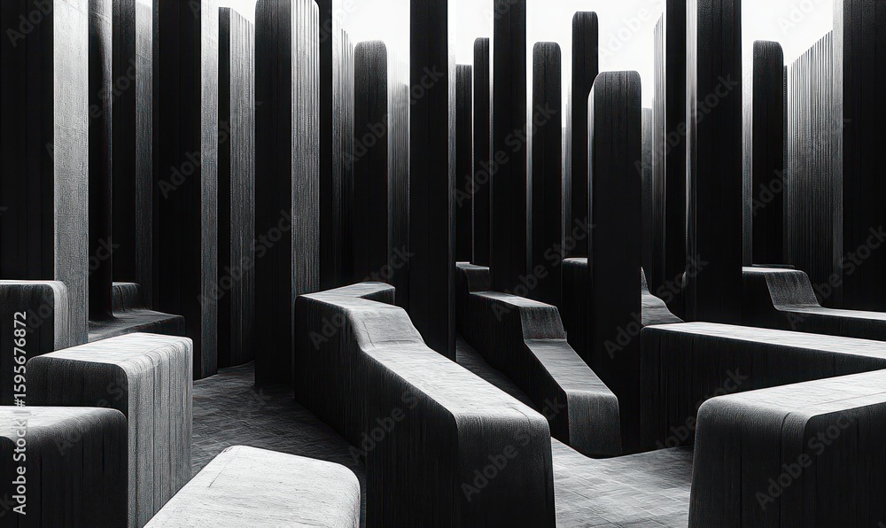 Poster monochrome abstract architectural structure with tall vertical pillars and curved horizontal benches